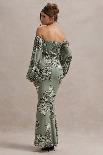Murcia Olive Floral Print Chiffon Puff-Sleeve Button Maxi Dress